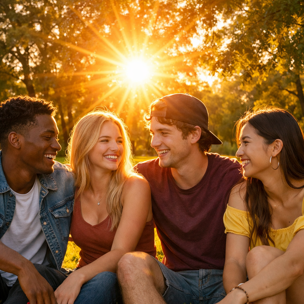 Four young people are sitting closely together in a park enjoying a sunny day with the sunlight filtering through the trees They appear to be engaged-2