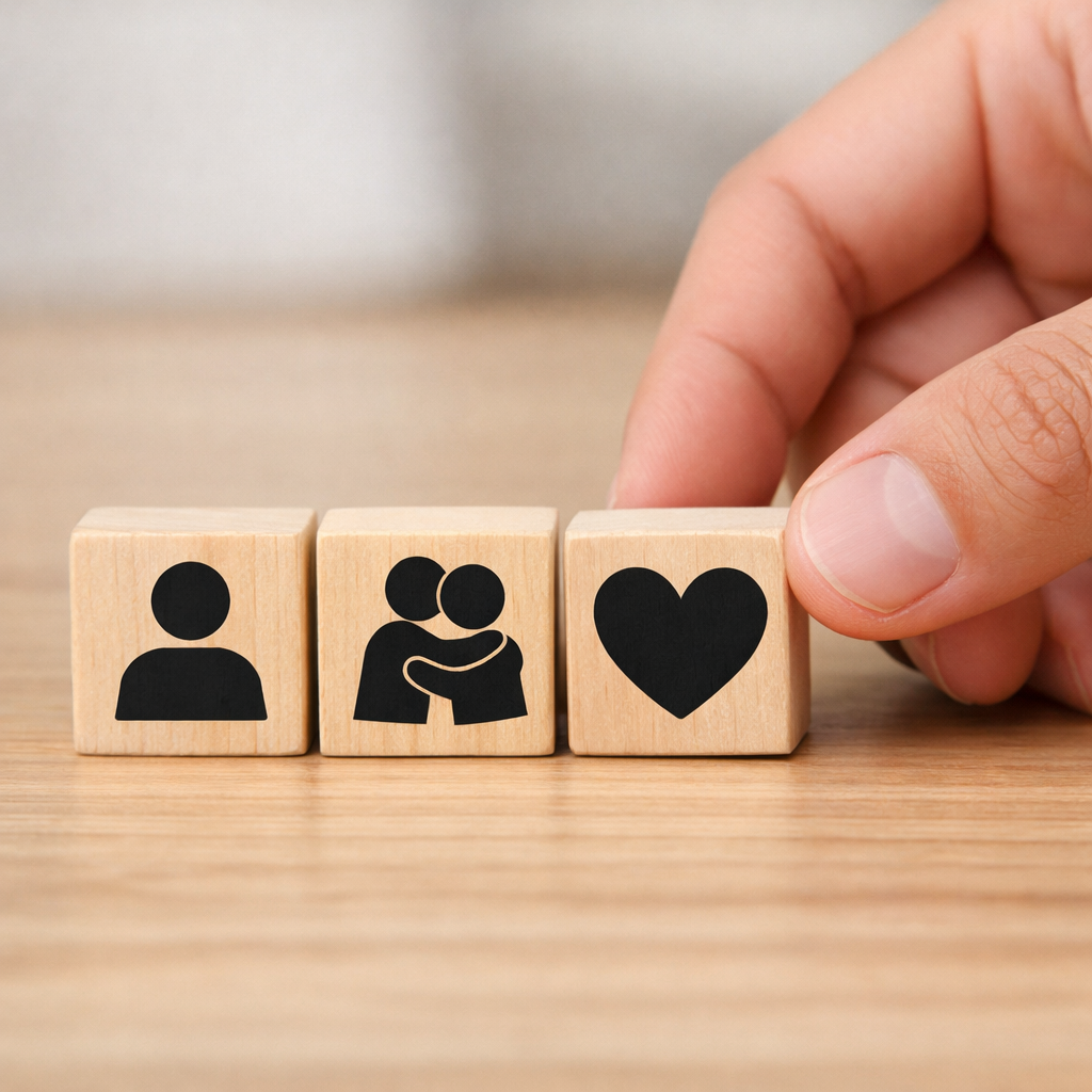 The image shows a closeup of a hand arranging wooden blocks with icons representing different person icons one person 2 persons hugging The hand is in-Feb-05-2026-01-48-27-3091-PM
