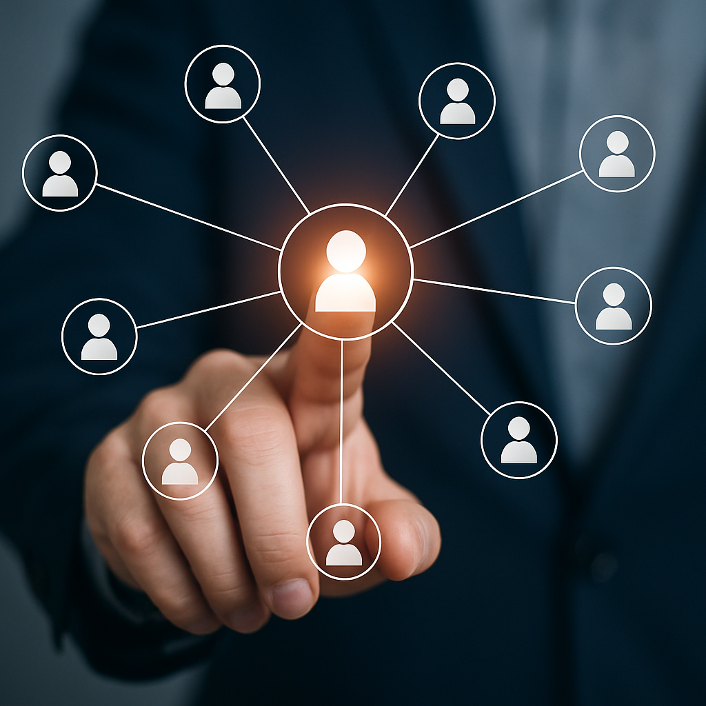 photographic The image depicts a closeup of a persons hand touching a virtual interface with human icons connected by lines suggesting a network or so