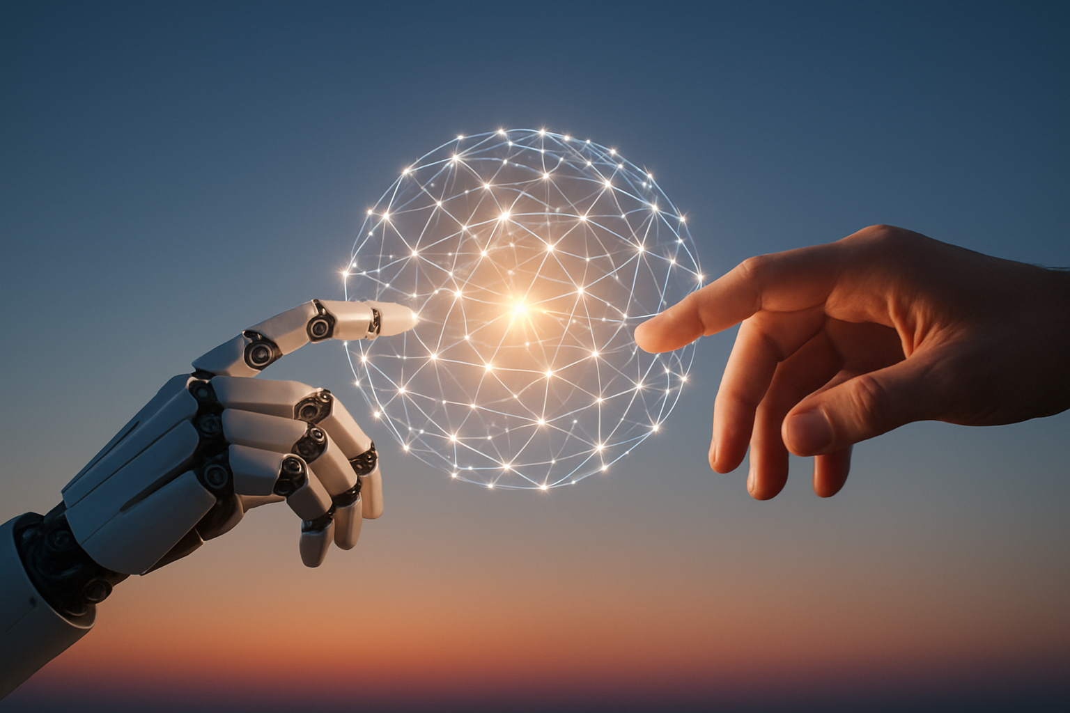 photographic The image depicts a futuristic scene where a robotic hand and a human hand are reaching towards each other with a glowing interconnected-1